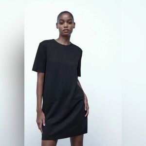 Zara | Black Short Sleeve Crew Neck Two Pocket Boxy Mini Dress Size Medium